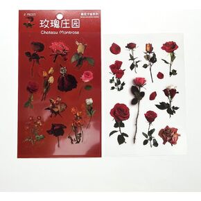 2 Sheets Red Rose Flowers Green Leaf Vinyl Stickers Transparent Aesthetic Plastic Decals for Scrapbooking Crafts Envelopes Water Bottles Wall Cars guiter Journal Cups Windows Planner