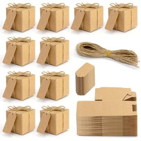 Faylapa 50Pcs Brown Party Treat Boxes, Tiny Gift Boxes with DIY Tag, 2 x 2 x 2 inches Kraft Paper DIY Party Favor Boxes Candy Boxes Foldable for Wedding Bridal Shower Birthday Party