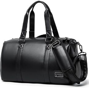 Leather Duffle Travel Gym Bag for Men with Shoe Compartment, 32L PU Leather Weekender Waterproof Overnight Bag Gym Sports Carry-On Black