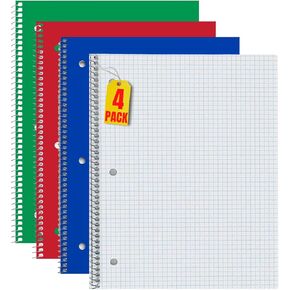 1InTheOffice Graph Composition Book, Wirebound, 8" x 10.5" Graph Paper Notebook, Assorted Colors Quad Ruled Spiral Notebook, 70/Sheets 4 Pack