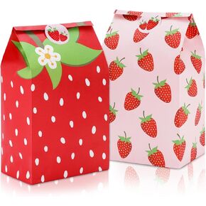 Whaline 24 Pcs Strawberry Candy Bags Valentines Party Strawberry Goodie bags with Strawberry Tag Sticker Colorful Fruity Gift Bags for Baby Shower Summer Holiday Birthday Gift Wrap