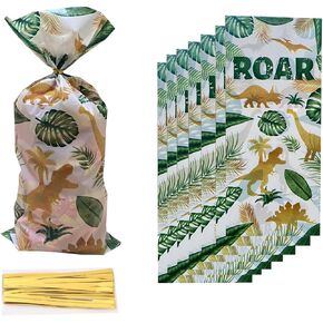 50 Pieces Dinosaur Cellophane Bags Party Candy Dino Theme Birthday Goodie Treat with 50PCS Twist Ties for Supplies for Baby Shower