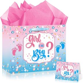 Baby Gender Reveal Gift Bag Blue Pink Gender Reveal Party Favors Bag with Tissue Paper Card Gender Reveal Treat Candy Bag Gender Reveal Gift Wrapping Paper for Gender Reveal Baby Shower Party Supplies