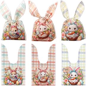 Easter Treat Bags, 50 PCS Easter Candy Bags, Easter Gift Bags, Easter Goodie Bags, Rabbit Ear Shape Plastic Easter Cookie Bags Snack Bags Goody Bags for Kids Easter Party Favor Supplies, 3 Styles