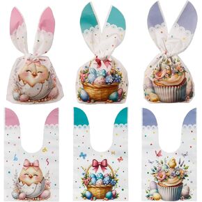 Easter Treat Bags, 50 PCS Easter Candy Bags, Easter Gift Bags, Easter Goodie Bags, Rabbit Ear Shape Plastic Easter Cookie Bags Snack Bags Goody Bags for Kids Easter Party Favor Supplies, 3 Styles in Kuwait