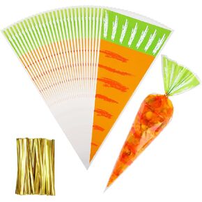 CCINEE 100 Pcs Easter Carrot Shaped Candy Bags,Translucent Cone Shaped Treat Bags with Twist Ties for Easter Party Supplies Gift Storage Wedding Home Decor