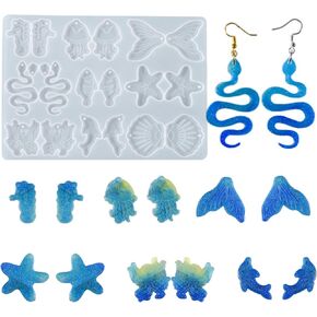 Ocean Series Earring Resin Silicone Molds Jellyfish Seahorse Starfish Scallop Octopus Mermaid Tail Casting Molds Jewelry Making Tools for DIY Craft Keychain Necklace Earrings Project
