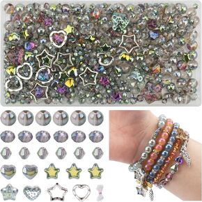 484pcs Assorted Glass Beads for Jewelry Making, 8mm 6mm 4mm Crystal Beads for Bracelet Making Kit, Star Heart Loose Spacer Beads with DIY Charms for Jewelry Making Supplies (Light Blue Grey)