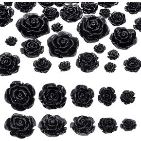 PH PandaHall 60pcs Resin Rose Beads, 5 Size Black Rose Cabochons Flatback Flower Charms with No Hole Opaque Rose Cabochons for Sunglasses Halloween Jewelry Making Shoe Hair Clip Home Decor