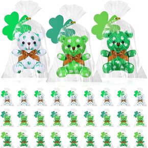 Poen 27 Pack St. Patrick's Day Mini Plush Bears with Shamrock Cards Set for Kids Classroom School Exchange Prize Gifts Green Clover Keychain Irish Good Luck Stuffed Bears Animal for Party Favors