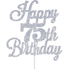Happy 75th Birthday Cake Toppers Silver Glitter, Cheers to 75 Years Old Bday Decoration 75th Anniversary Cake Topper, Seventy-five Theme Cake Decorations for Birthday Anniversary Party