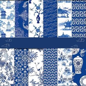 24pcs Blue Chinoiserie Pattern Paper 12" x 12" Blue Chinoiserie Scrapbook Paper Pad Double-Sided Blue White Chinese Ornate Patterned Decorative Craft Paper Chinese Blue and White Porcelain Paper