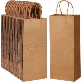 Handepo Paper Wine Bags Kraft Brown with Convenient Handles 13 x 5.3 x 3.3 Inch Gift Tote Shopping Bags for Small Business Brown Wine Gift Wrap(200 Pieces)