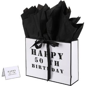 jabberwpacking 50th Birthday Keepsake Gift Bag Medium Black and White Vintage Gift Bag for Men Women Birthday (Retro Printer Font 12.6")