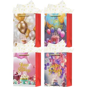 OFIHANLY 4Pcs 9" Small Size Happy Birthday Gift Bags with Handles for Women Mom Girls Kids Party Red Paper Gift Wrap Bag with Tissue Paper