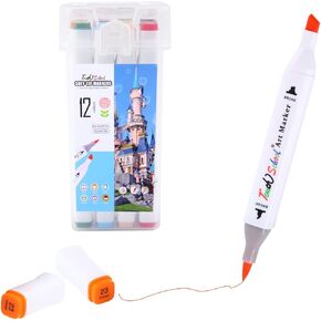 HCFSM Alcohol Markers Brush Tip 12 Colors for Kids Adults, Permanent Sketch Markers for Artists with Organizing Case, Coloring Animation Illustration Painting Card Making etc.(White Shell)