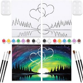 VOCHIC 2 Pack Sip and Paint Kit, Pre Drawn Canvas for Painting for Adults, Starry Sky Heart Couple Date Night Games, Outline Canvas Party Art Set, Paints Brushes Pallets Valentine (8x10)
