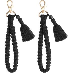 2Pcs Boho Wrist Keychain, Soft Macrame Wristlet Strap, Cell Phone Lanyard, Wrist Lanyard for Keys, Handmade Macrame Keychain Tassel Car Key Lanyard, Anti-Loss Phone Chain for Women Men