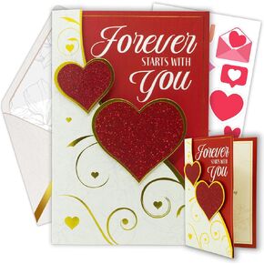Decorably Foil & Glittery 5.5x8in Multi-Layer Individual Valentine's Day Cards with Heart Cutout, Valentine Cards with Envelope and Stickers for Wife, Husband, Romantic Partner, Printed Message Inside