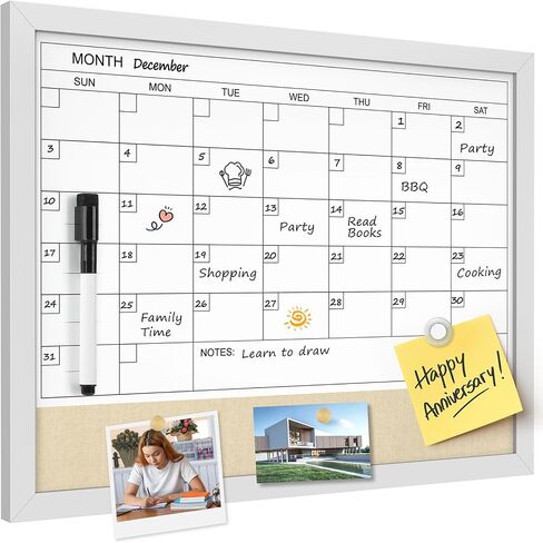MaxGear Monthly Calendar Whiteboard & Linenboard for Wall, 17" x 13" Magnetic Dry Erase Board with White Wood Frame, Calendar/Linen Board Combination for Office, School, Home in Saudi Arabia