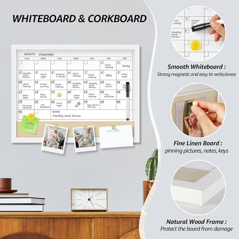 MaxGear Monthly Calendar Whiteboard & Linenboard for Wall, 17" x 13" Magnetic Dry Erase Board with White Wood Frame, Calendar/Linen Board Combination for Office, School, Home in Saudi Arabia