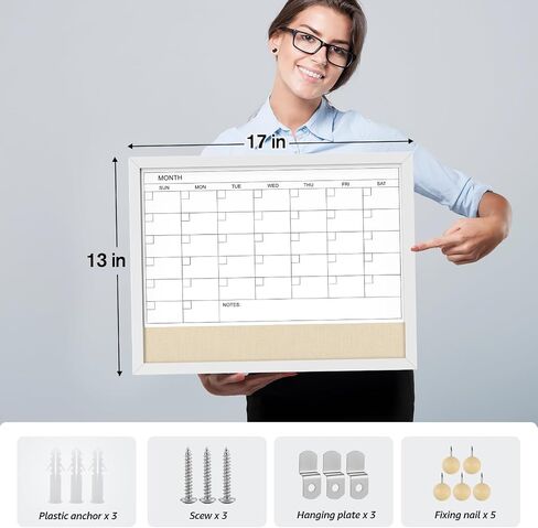 MaxGear Monthly Calendar Whiteboard & Linenboard for Wall, 17" x 13" Magnetic Dry Erase Board with White Wood Frame, Calendar/Linen Board Combination for Office, School, Home in Saudi Arabia