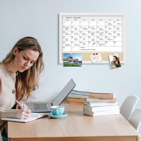 MaxGear Monthly Calendar Whiteboard & Linenboard for Wall, 17" x 13" Magnetic Dry Erase Board with White Wood Frame, Calendar/Linen Board Combination for Office, School, Home in Saudi Arabia