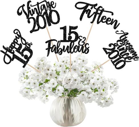 15 Pack Happy 15th Birthday Centerpiece Sticks Glitter Straight Outta 2010 Fifteen 15 Years Old Awesome Since 2010 Table Flower Centerpiece Sticks for 15 Fabulous Theme Party Supplies Black in Saudi Arabia
