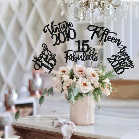 15 Pack Happy 15th Birthday Centerpiece Sticks Glitter Straight Outta 2010 Fifteen 15 Years Old Awesome Since 2010 Table Flower Centerpiece Sticks for 15 Fabulous Theme Party Supplies Black in Saudi Arabia