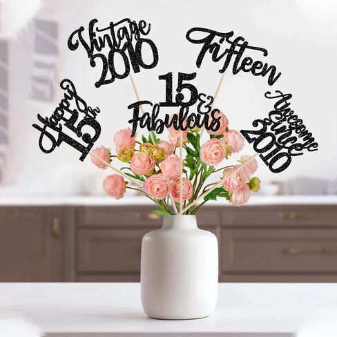 15 Pack Happy 15th Birthday Centerpiece Sticks Glitter Straight Outta 2010 Fifteen 15 Years Old Awesome Since 2010 Table Flower Centerpiece Sticks for 15 Fabulous Theme Party Supplies Black in Saudi Arabia