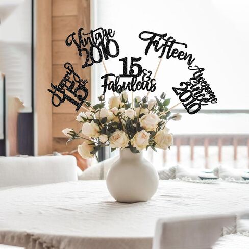 15 Pack Happy 15th Birthday Centerpiece Sticks Glitter Straight Outta 2010 Fifteen 15 Years Old Awesome Since 2010 Table Flower Centerpiece Sticks for 15 Fabulous Theme Party Supplies Black in Saudi Arabia