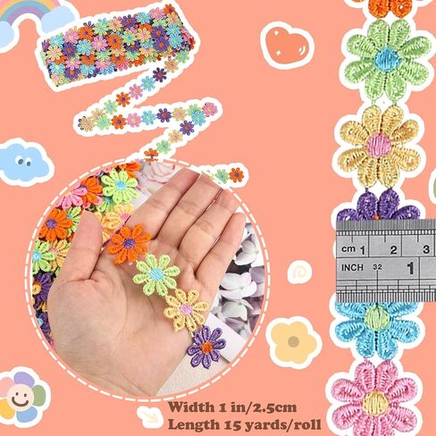 BEEFLYING 15 Yards Colorful Daisy Flower Lace Ribbon Trim Embroidery for Sewing DIY Crafts Home Decoration Supplies, 1.3cm Wide in Kuwait