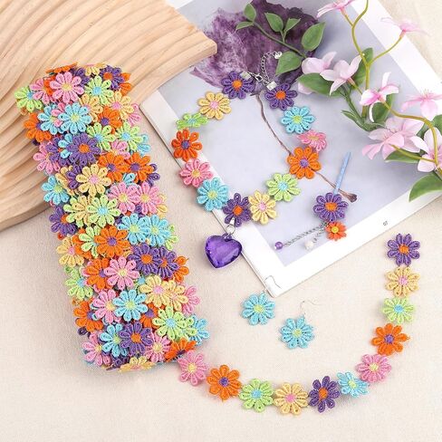 BEEFLYING 15 Yards Colorful Daisy Flower Lace Ribbon Trim Embroidery for Sewing DIY Crafts Home Decoration Supplies, 1.3cm Wide in Kuwait