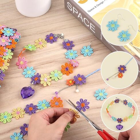 BEEFLYING 15 Yards Colorful Daisy Flower Lace Ribbon Trim Embroidery for Sewing DIY Crafts Home Decoration Supplies, 1.3cm Wide in Kuwait