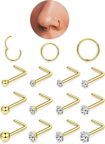 18G Nose Rings Hoops and 20G Nose Studs for Women Men Hypoallergenic 316L Surgical Stainless Steel Clicker Hinged Segment Nose Rings Hoops Ball CZ Simulated Diamond Nose Studs Nose Piercing Jewelry in Kuwait