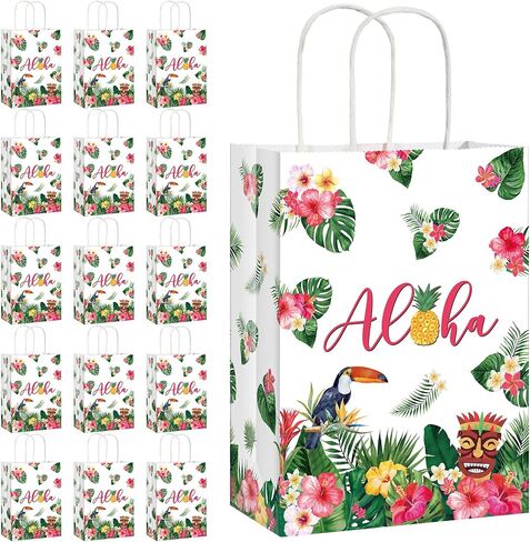 Pajean 16 Pack Hawaiian Gift Bag Luau Party Summer Tropical Palm Leaf Paper Bag with Handle for Candy Treat Summer Tropical Aloha Festival Hawaiian Luau Holiday Party Supplies Favor in Saudi Arabia