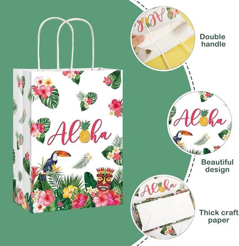 Pajean 16 Pack Hawaiian Gift Bag Luau Party Summer Tropical Palm Leaf Paper Bag with Handle for Candy Treat Summer Tropical Aloha Festival Hawaiian Luau Holiday Party Supplies Favor in Saudi Arabia