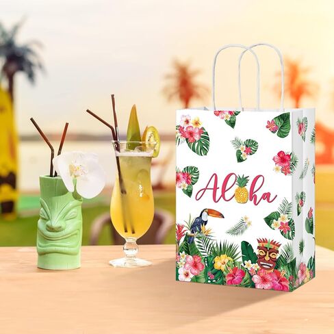 Pajean 16 Pack Hawaiian Gift Bag Luau Party Summer Tropical Palm Leaf Paper Bag with Handle for Candy Treat Summer Tropical Aloha Festival Hawaiian Luau Holiday Party Supplies Favor in Saudi Arabia