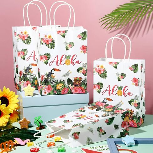 Pajean 16 Pack Hawaiian Gift Bag Luau Party Summer Tropical Palm Leaf Paper Bag with Handle for Candy Treat Summer Tropical Aloha Festival Hawaiian Luau Holiday Party Supplies Favor in Saudi Arabia