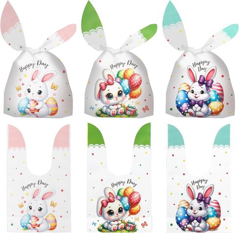 Easter Treat Bags, 50 PCS Easter Candy Bags, Easter Gift Bags, Easter Goodie Bags, Rabbit Ear Shape Plastic Easter Cookie Bags Snack Bags Goody Bags for Kids Easter Party Favor Supplies, 3 Styles in Saudi Arabia