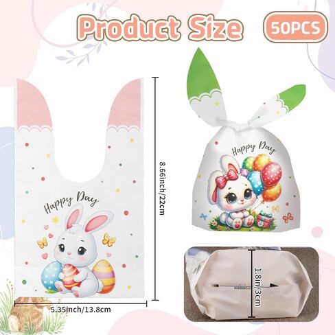Easter Treat Bags, 50 PCS Easter Candy Bags, Easter Gift Bags, Easter Goodie Bags, Rabbit Ear Shape Plastic Easter Cookie Bags Snack Bags Goody Bags for Kids Easter Party Favor Supplies, 3 Styles in Saudi Arabia