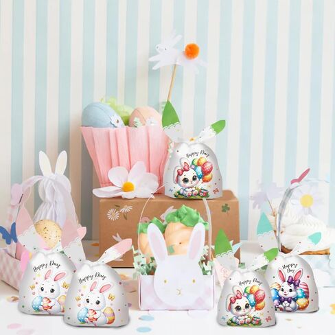 Easter Treat Bags, 50 PCS Easter Candy Bags, Easter Gift Bags, Easter Goodie Bags, Rabbit Ear Shape Plastic Easter Cookie Bags Snack Bags Goody Bags for Kids Easter Party Favor Supplies, 3 Styles in Saudi Arabia