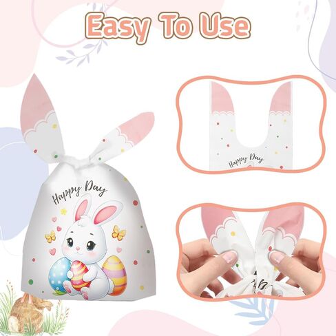 Easter Treat Bags, 50 PCS Easter Candy Bags, Easter Gift Bags, Easter Goodie Bags, Rabbit Ear Shape Plastic Easter Cookie Bags Snack Bags Goody Bags for Kids Easter Party Favor Supplies, 3 Styles in Saudi Arabia