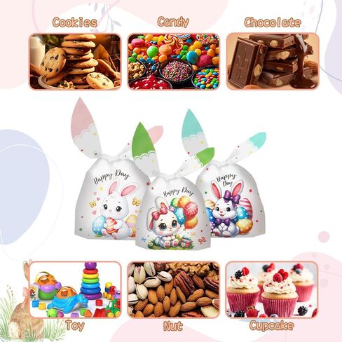 Easter Treat Bags, 50 PCS Easter Candy Bags, Easter Gift Bags, Easter Goodie Bags, Rabbit Ear Shape Plastic Easter Cookie Bags Snack Bags Goody Bags for Kids Easter Party Favor Supplies, 3 Styles in Saudi Arabia
