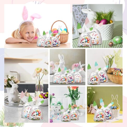 Easter Treat Bags, 50 PCS Easter Candy Bags, Easter Gift Bags, Easter Goodie Bags, Rabbit Ear Shape Plastic Easter Cookie Bags Snack Bags Goody Bags for Kids Easter Party Favor Supplies, 3 Styles in Saudi Arabia