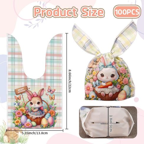Easter Treat Bags, 50 PCS Easter Candy Bags, Easter Gift Bags, Easter Goodie Bags, Rabbit Ear Shape Plastic Easter Cookie Bags Snack Bags Goody Bags for Kids Easter Party Favor Supplies, 3 Styles in Saudi Arabia