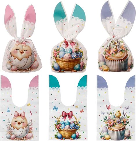 Easter Treat Bags, 50 PCS Easter Candy Bags, Easter Gift Bags, Easter Goodie Bags, Rabbit Ear Shape Plastic Easter Cookie Bags Snack Bags Goody Bags for Kids Easter Party Favor Supplies, 3 Styles in Kuwait