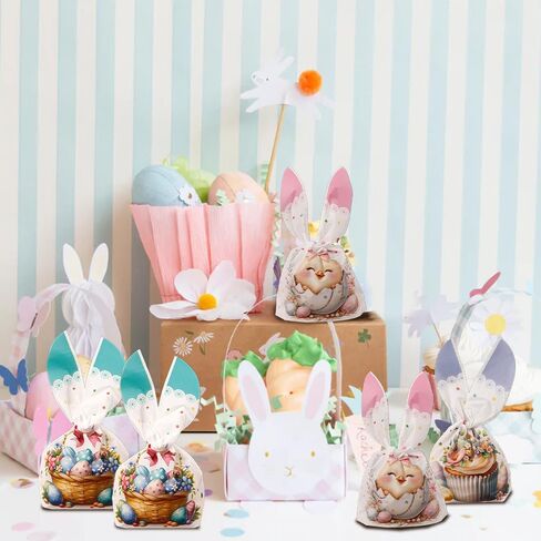 Easter Treat Bags, 50 PCS Easter Candy Bags, Easter Gift Bags, Easter Goodie Bags, Rabbit Ear Shape Plastic Easter Cookie Bags Snack Bags Goody Bags for Kids Easter Party Favor Supplies, 3 Styles in Kuwait