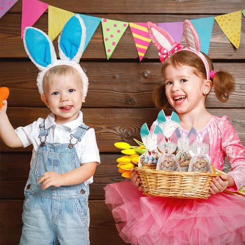 Easter Treat Bags, 50 PCS Easter Candy Bags, Easter Gift Bags, Easter Goodie Bags, Rabbit Ear Shape Plastic Easter Cookie Bags Snack Bags Goody Bags for Kids Easter Party Favor Supplies, 3 Styles in Kuwait