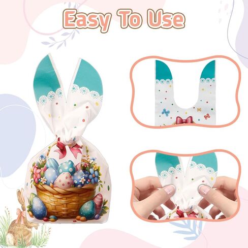 Easter Treat Bags, 50 PCS Easter Candy Bags, Easter Gift Bags, Easter Goodie Bags, Rabbit Ear Shape Plastic Easter Cookie Bags Snack Bags Goody Bags for Kids Easter Party Favor Supplies, 3 Styles in Kuwait